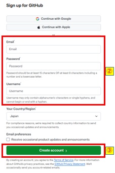 サインアップ情報入力およびCreateaccountボタン押下画面
